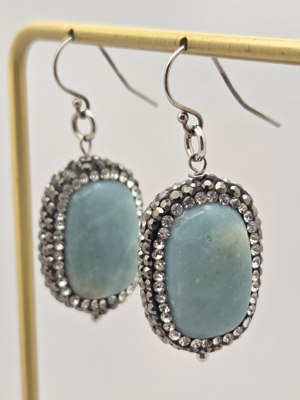 Boho Natural Stone Oval Drop Earrings Rhinestone & Hematite Pave Halo